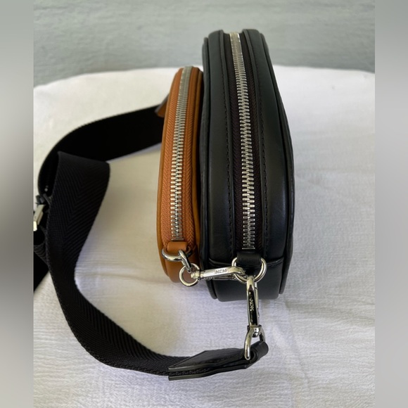 HTF $895 MCM Essential Visetos Double Pochette Crossbody Bag Cognac Black EUC - Picture 5 of 16